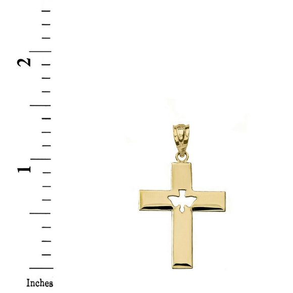 14K Solid Gold Religious Cross Cut-Out Holy Spirit Dove Pendant -